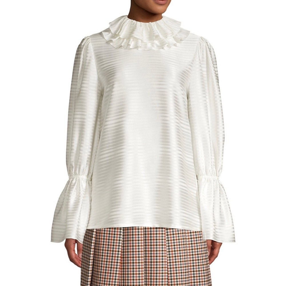 Tory Burch Ivory Ruffled-Neck Long-Sleeve Blouse